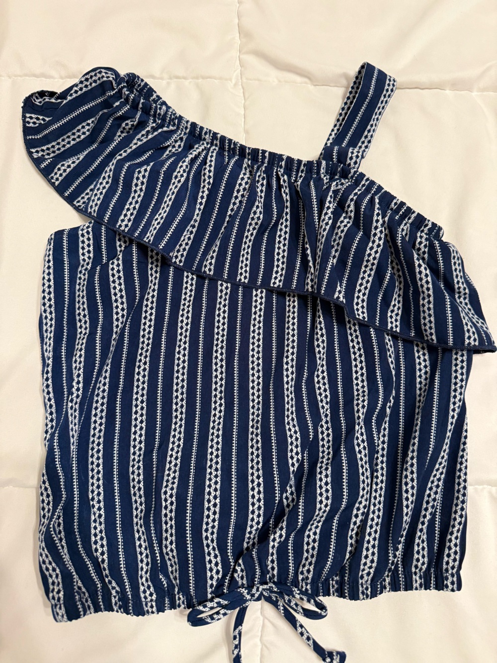 Girls Navy Blue Striped One-Shoulder Top